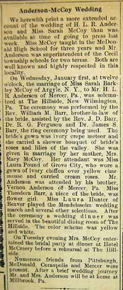 Marriage Notice for H. L. R. ANDERSON to Miss Sarah McCOY, Weds., Jan. 1, 1913