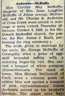 Part 1 Wedding Announcement for Charles S. ANDERSON to Carolyn May McHaffie, Thurs., 3 Oct 1940
