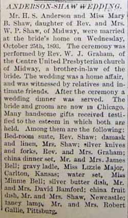 Marriage Notice for H. S. ANDERSON to Mary B. Shaw, 25 Oct 1893