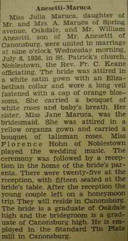 Marriage Notice for William ANESETTI to Julia Maruca, 8 Jul 1936