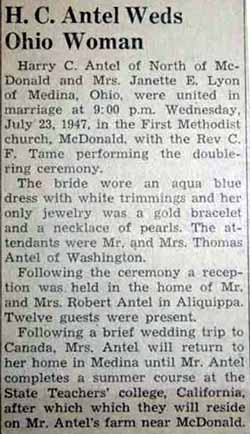 Marriage Notice for Harry C. ANTEL to Mrs. Janette E. Lyon, 23 Jul 1947