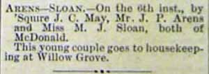 Marriage Notice for J. P. ARENS to M. J. Sloan, 6 Jan 1894