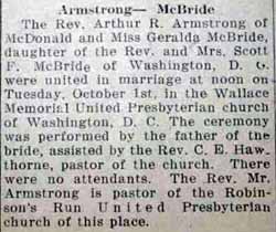 Marriage Notice for Arthur R. ARMSTRONG to Geralda McBride, 1 Oct 1929