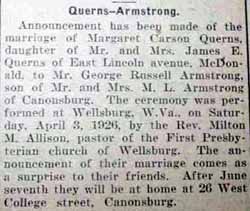 Marriage Notice for Russell ARMSTRONG to (?) Querns, no date, in 7-12-1928 paper