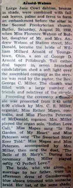 Part 1 Marriage Notice for William Millard ARNOLD to Florence Watson, 20 Aug 1938