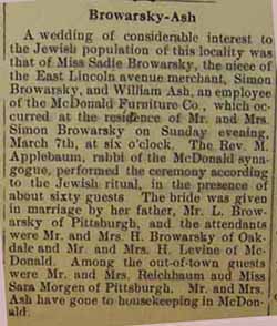 Wedding Announcement for Miss Sadie BROWARSKY and William ASH
