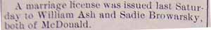 Marriage License Notice for Miss Sadie BROWARSKY and William ASH