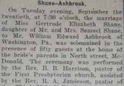 Part 1 Marriage Notice for William Edward ASHBROOK to Gertrude Elizabeth Shane, 20 Sep 1921