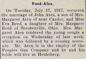 Marriage Notice for John ATEN to Eva Reed, 17 Jul 1917