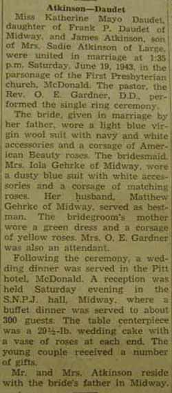 Marriage Notice for James ATKINSON to Katherine Mayo Daudet, 19 Jun 1943