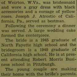 Marriage Notice for Michael Thomas ATROSTIC to Elsie Marie Lauderbaugh, 16 Nov 1946