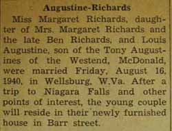 Marriage Notice for Louis AUGUSTINE to Margaret Richards, 16 Aug 1940