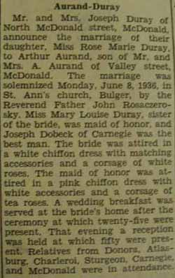 Marriage Notice for Arthur AURAND to Rose Marie Duray, 8 Jun 1936