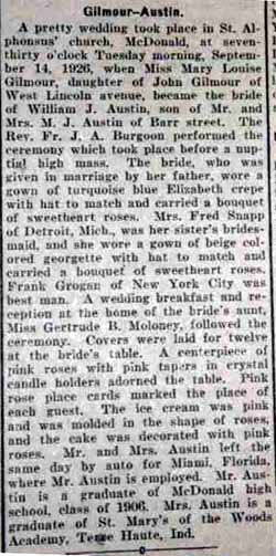 Marriage Notice for William J. AUSTIN to Mary Louise Gilmour, 14 Sep 1926