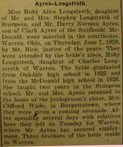 Marriage Notice for Harry Norman AYRES to Ruby Alice Longstreth, 7 Jun 1928