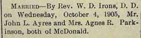 Marriage Notice for John L. AYRES and Mrs. Agnes R. PARKINSON, article 1