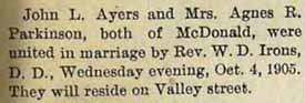 Marriage Notice for John L. AYRES and Mrs. Agnes R. PARKINSON, article 2