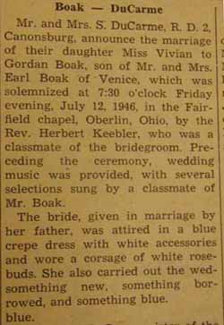 Part 1 Marriage Notice for Gordan BOAK to Vivian DuCarme, 12 Jul 1946