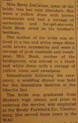 Part 2 Marriage Notice for Gordan BOAK to Vivian DuCarme, 12 Jul 1946