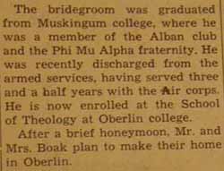 Part 3 Marriage Notice for Gordan BOAK to Vivian DuCarme, 12 Jul 1946
