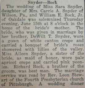 Part 1 Marriage Notice for William E. BOCK, Jr. to Sara Snyder, 15 Jun 1922