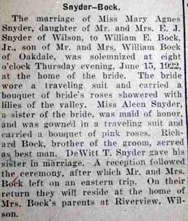 Marriage Notice for William E. BOCK, Jr. to Sara Snyder, 15 Jun 1922