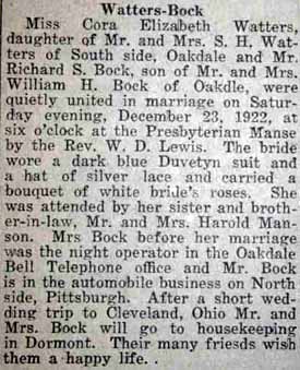 Article 1 Marriage Notice for Richard S. BOCK to Cora Elizabeth Watters, 23 Dec 1922