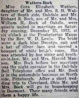 Article 2 Marriage Notice for Richard S. BOCK to Cora Elizabeth Watters, 23 Dec 1922