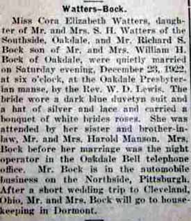 Marriage Notice for Richard S. BOCK to Cora Elizabeth Watters, 23 Dec 1922
