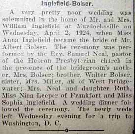 Marriage Notice for Albert BOLSER to Anna Inglefield, 2 Apr 1924