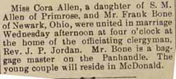 Wedding Announcement for Frank BONE to Cora Allen, no date, in 10-16-1908 paper