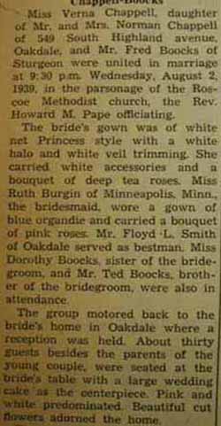 Part 1 Marriage Notice for Fred BOOCKS to Verna Chappell, 2 Aug 1939