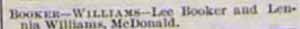 Marriage Notice for Lee BOOKER to Lennia Williams, no date, in 3-6-1897 paper