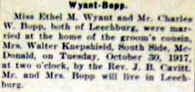 Marriage Notice for Charles W. BOPP to Ethel M. Wyant, 30 Oct 1917