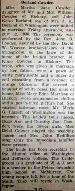 Marriage Notice for John Kelso BORLAND to Martha Jane Cowden, 12 Aug 1938