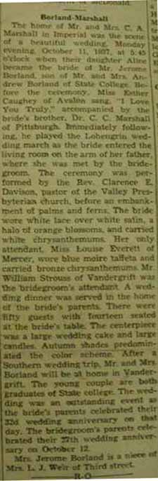 Marriage Notice for Jerome BORLAND to Alice Marshall, 11 Oct 1937