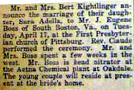 Marriage Notice for J. Eugene BOSS to Sara Adella Kightlinger, 17 Apr 1917