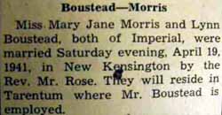 Marriage Notice for Lynn BOUSTEAD to Mary Jane Morris, 19 Apr 1941