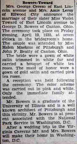 Marriage Notice for George D. BOWERS to Violet Toward, 19 Apr 1935