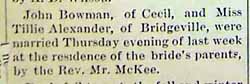Marriage Notice for John BOWMAN to Tillie Alexander, no date, in 9-26-1892 paper