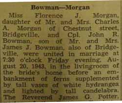 Marriage Notice for John R. BOWMAN to Florence J. Morgan, 20 Aug 1943