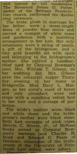 Marriage Notice for John R. BOWMAN to Florence J. Morgan, 20 Aug 1943