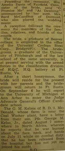 Marriage Notice for John R. BOWMAN to Florence J. Morgan, 20 Aug 1943