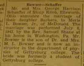 Marriage Notice for Merle L. BOWSER , Jr. to Barbara Schaeffer, 6 Jul 1943