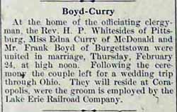 Marriage Notice for Mr. Frank BOYD to Miss Edna CURRY, Thursday, February 24, 1910
