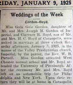 Marriage Notice for Clarence R. BOYD to Gula Gale Gordon, 3 Jan 1925