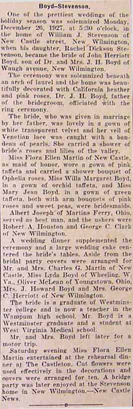 Marriage Notices for John Herriott BOYD to Rachel Dickson STEVENSON, Mon., Dec. 26, 1927