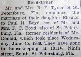 Marriage Notice for Paul H. BOYD to Eleanor Tyner, 15 Jun 1938