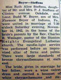 Part 1 Marriage Notice for Budd W. BOYER to Ruth Alice Steffens, 14 Nov 1942