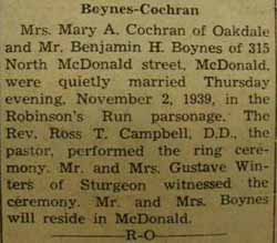 Marriage Notice for Benjamin H. BOYNES to Mrs. Mary A. Cochran, 2 Nov 1939